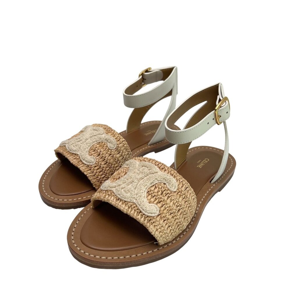 CELINE White Triomphe Logo Raffia & White Leather GHW Flat Sandals - SZ 36.5